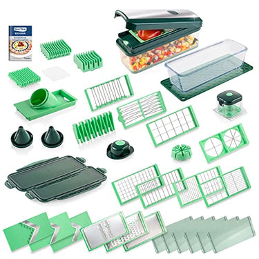 Genius Nicer Dicer Exclusive Gemüseschneider – 32-tlg | Würfelschneider + Tomatenschneider in einem Set mit 8 Einsätzen + Reibe & Hobel | inkl. Glasschüssel-Set im Sale